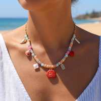 Collier à breloques perlées colorées style bohème personnalisé EDGE avec pendentifs en forme de cœur, de poisson, de coquillage, de fleur et de perles en céramique, bijoux d'été pour femmes, bijoux de plage