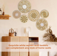 Meilleure vente ensemble de 6 rustique suspendu Boho tissé mur panier décor artisanal rond plat jonc de mer paniers Boho décor à la maison