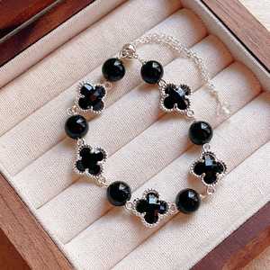 สร้อยข้อมือลูกปัดหินธรรมชาติหลายชนิดทรงกลม พร้อมจี้แก้วรูปใบโคลเวอร์นำโชค ใบโคลเวอร์<span class=keywords><strong>สี</strong></span>่แฉก เครื่องประดับแฟชั่นสำหรับผู้หญิง ของขวัญวันเกิด - Product Image 4