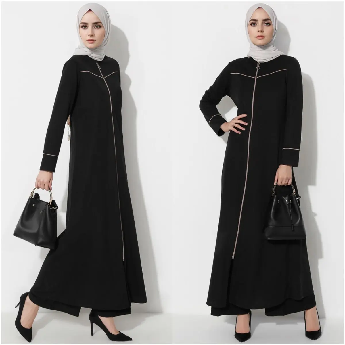 Bescheiden Moslimjurk Eenvoudig Zwart Gesloten Abaya Vest Met Rits Lang Herfstjurk Midden-Oost-Arabië Kalkoen Marokko Kaftan
