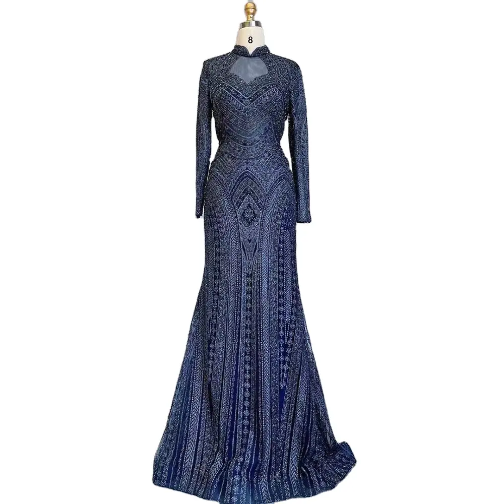 Blue Muslim Long Sleeves High Neck Mermaid Evening Party Gowns Serene Hill LA71742 Mother of the Bride Dresses