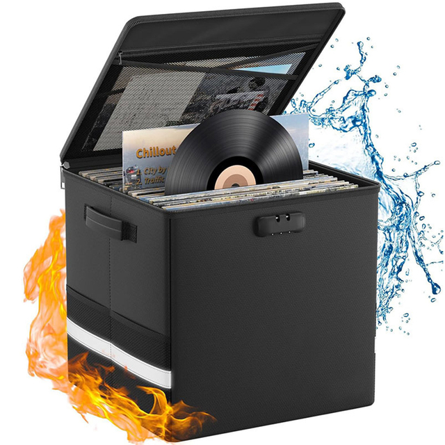 Black Fire-Resistant Record Storage Box Foldable Sectioned Vinyl Record Organizer Holds 30-50 Albums for Home DJ