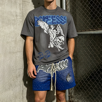 Ensemble court de survêtement streetwear vintage personnalisé pour homme, avec impression en relief, délavage acide et sérigraphie de strass, comprenant un t-shirt et un short