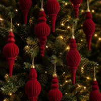 Ensemble de décorations de Noël suspendues multicouches en velours bordeaux floqué, décorations givrées de luxe, coffret cadeau