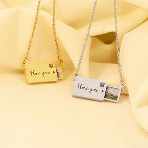 Personalized Photo Heart Envelope I Love You Necklaces Children Name Custom Pendant Engraving Engraved Necklace - Product Image 1