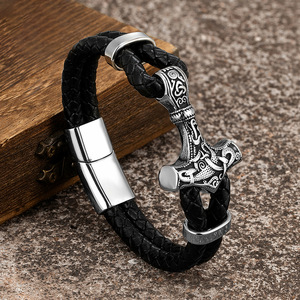 Viking Thor's Hammer <b>Bracelet</b> Braided Leather Stainless Steel Rune <b>Bangle</b> Magnetic Clasp Tough Guy Retro Jewelry - Product Image 1