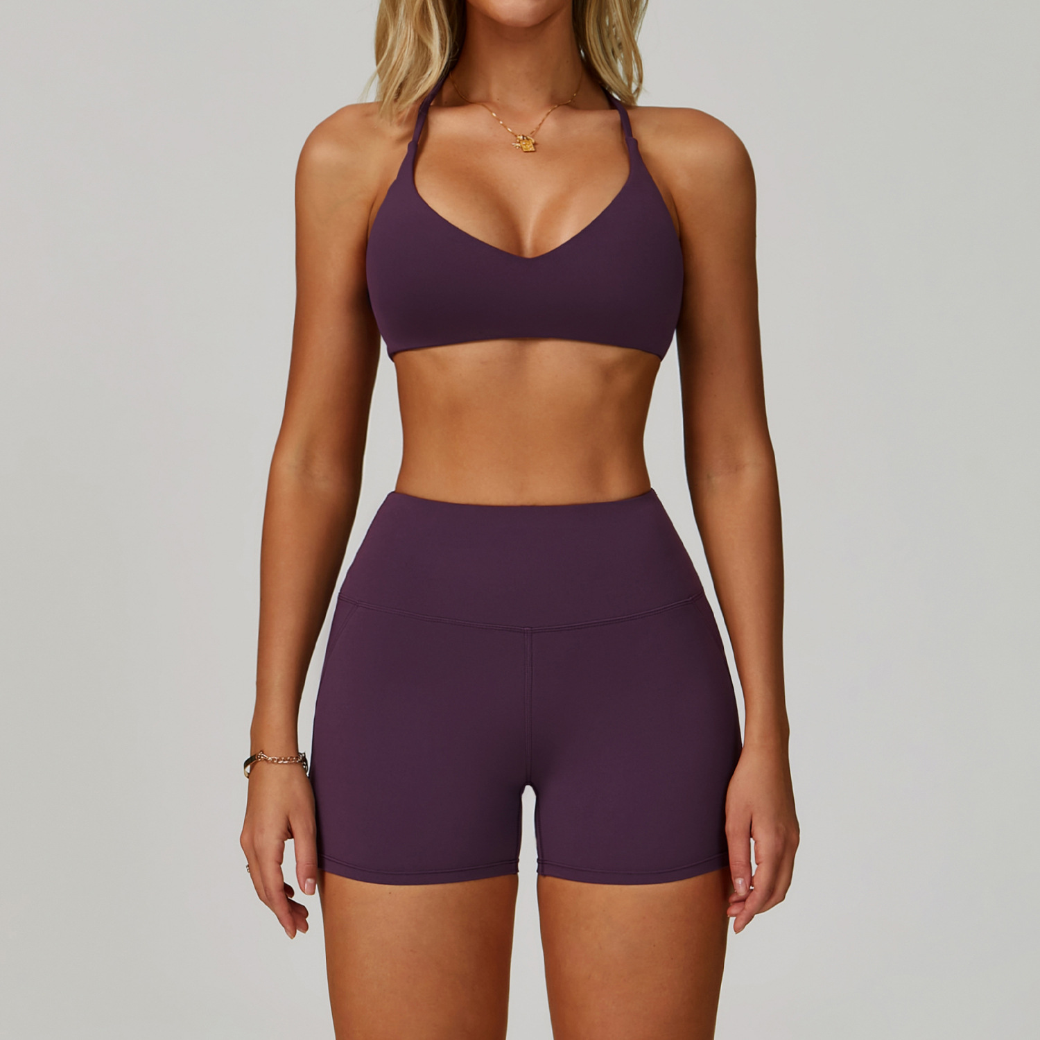 Hanging Neck Bra+ Shorts (Purple)