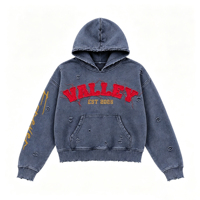 Sweat à capuche épais délavé et vieilli, coupe courte, effet délavé à l'acide, bords effilochés, streetwear, brodé