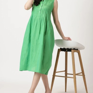 เดรสผ้าฝ้ายลินินทอลายธรรมชาติ ทรงโอเวอร์ไซส์ คอโอ แขนกุด จับจีบ แต่งระบาย  ความยาวปานกลาง สำหรับฤดูร้อน ผู้หญิง แฟชั่น - Product Image 4