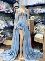 Gaun Malam Satin Biru Muda LM D353 Model A-Line dengan Korset Berhias Kristal, Bunga 3D Besar, Belahan Tinggi, dan Cape Senada