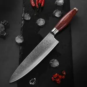 8 Inch Koksmes Hoge Kwaliteit Vg10 Damascus Staal Japanse Keuken Koken Knivmetal Met Roestvrij Steelle Leer Plastic