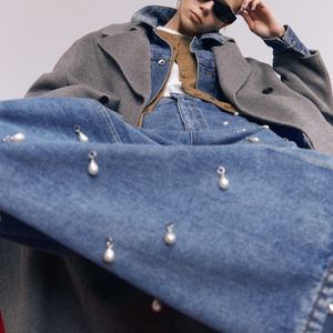 Pantalones de mezclilla de mujer personalizables de cintura alta, de pierna ancha, estilo urbano, casuales, con perlas - Product Image 2