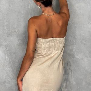 Vestido Mini sin Tirantes de Cintura Alta Personalizado para Mujer, Vestido de Lino Beige - Product Image 4