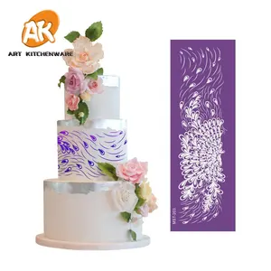 AK Peacock Feather Pastry Decorating Mesh Stencils Icing Cake Drawing Painting Stencil for Fondant Decorations