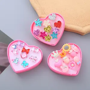 Grosir mainan plastik anak perempuan cincin 10 buah kotak hadiah kartun perhiasan putri bubuk Glitter Resin kartun lucu Set cincin