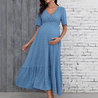 Robe longue de maternité décontractée pour femme, unie, texturée, à col en V croisé, taille smockée, à volants, manches courtes, grande taille