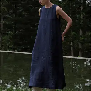 Customized High Quality Solid Color Button Sleeveless Modest Dresses Summer Collarless Women Maxi Cotton Linen Long Dress Loose