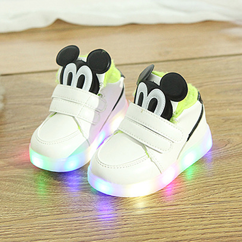 Зимние теплые детские кроссовки со светодиодами для малышей, легкие спортивные детские кроссовки с Микки Маусом