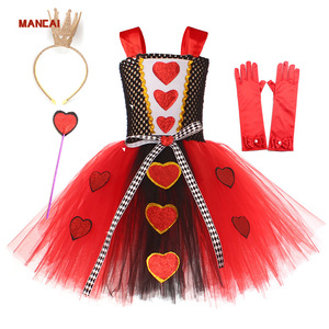 Costume da <span class=keywords><strong>Regina</strong></span> di Cuori per Bambine 2024, Abito da Carnevale per Halloween, Vestito Tutu Elegante con Corona, Classico Abito Rosso da <span class=keywords><strong>Regina</strong></span> del Paese delle Meraviglie - Product Image 1