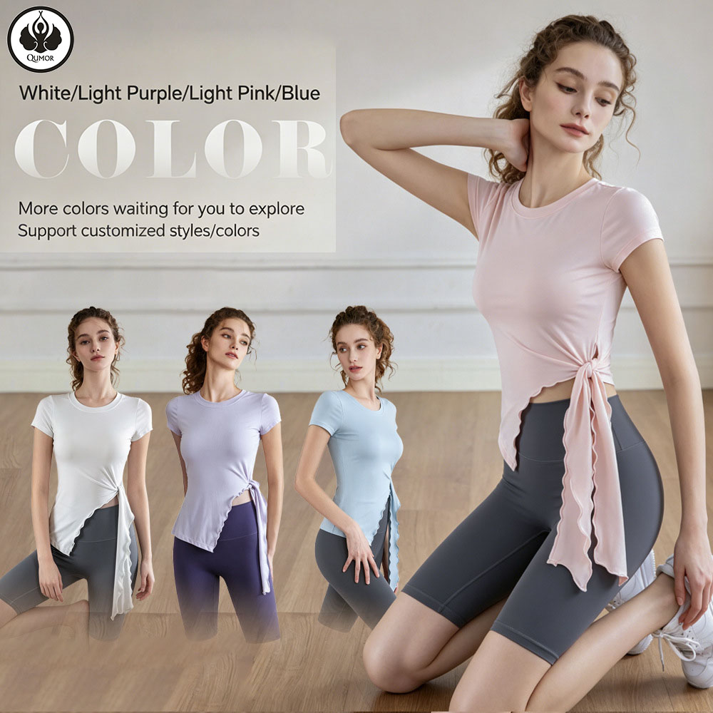 QUMOR Women's Breathable Four-Way Stretch Quick Dry Yoga Top Tie Short Sleeved Asymmetrical Hem Tight-fitting Sports Front