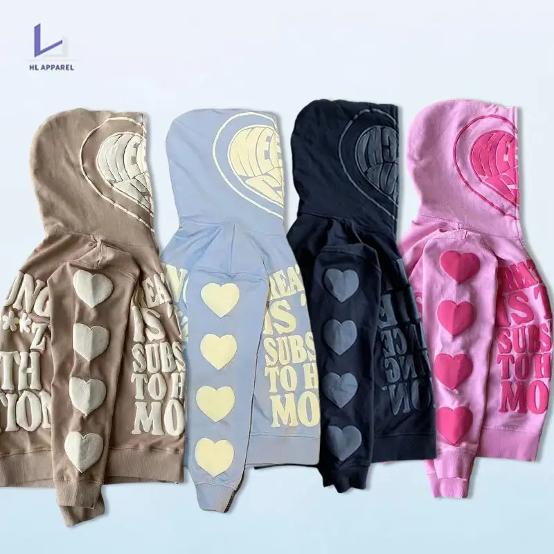HL manufacturer wholesale full face zip 3D foam print unisex organic cotton full zip up jacket custom mens puff print hoodie