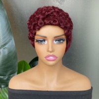Perruque courte pixie 99J à prix abordable, bouclée en profondeur, en cheveux humains Remy, fabriquée à la machine