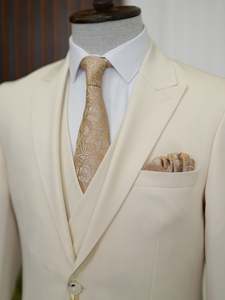 Costume de mariage 3 pièces pour <span class=keywords><strong>homme</strong></span>, coupe ajustée, couleur ivoire, grande taille, avec col à revers, idéal pour les fêtes et les mariages, sur mesure, MS9978 - Product Image 4
