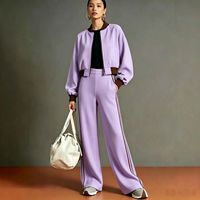 Ensemble 2 pièces pour femmes, veste bomber à col côtelé avec fermeture éclair, pantalon large à rayures latérales, ensemble assorti décontracté