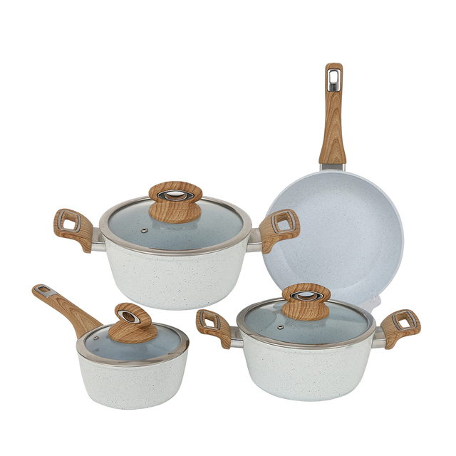 Granite Nonstick Aluminum Cookware Set Casserole Frying Pan Saucepan Wood Grain Handle Tempered Glass Lid Cooking Pots