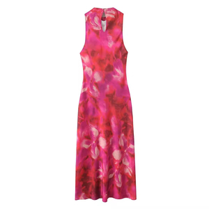 Abito Midi <span class=keywords><strong>Donna</strong></span> Primavera 2025 Nuovo Stile <span class=keywords><strong>Chic</strong></span> Moda Texture Satinata Stampata Vintage Senza Maniche Vestiti Femminili Robe Mujer - Product Image 2