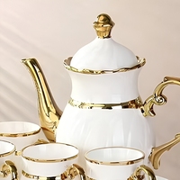 Service à thé/café en porcelaine 260/1300 ml, bord doré, compatible micro-ondes/lave-vaisselle, pour hôtels, cafés et cadeaux d'affaires.