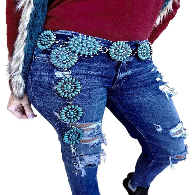 جينا أزياء السيدات اللباس الخصر حزام على شكل سلسلة الغربية الفيروز Concho أحزمة النساء