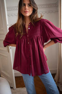 Camicetta da <span class=keywords><strong>donna</strong></span> <span class=keywords><strong>bordeaux</strong></span> all'ingrosso 100% maniche a lanterna di cotone camicia da <span class=keywords><strong>donna</strong></span> primavera estate autunno Casual a palloncino plissettato top - Product Image 5