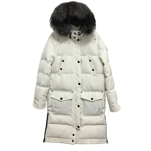 Abrigo largo de algodón blanco con cuello de piel de mapache para mujer, Parka cálida, bonito diseño a la moda