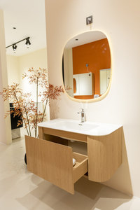 Mueble de Baño Flotante con Bordes Curvos en Madera de Roble, Gabinete de Pared con <span class=keywords><strong>Espejo</strong></span> LED Irregular, Entrega Rápida - Product Image 2