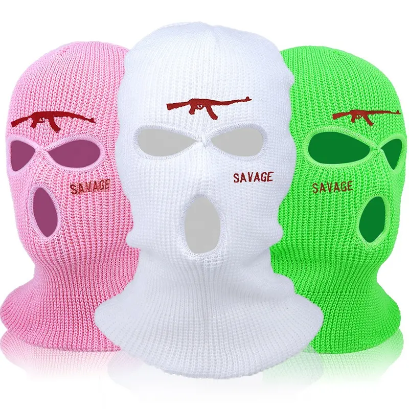 Custom Embroidery Logo Outdoor White Black 3 Holes Neon Balaclava Men Knitted Ski Mask