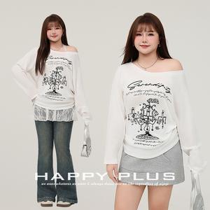 Happy Plus T-shirt imprimé à manches longues et épaules dénudées pour femme, haut en coton tricoté, grande taille, blanc N9183 - Product Image 2