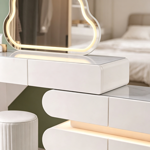 Coiffeuse moderne blanche avec miroir LED, meuble de rangement et tabouret pour chambre à coucher - Product Image 2