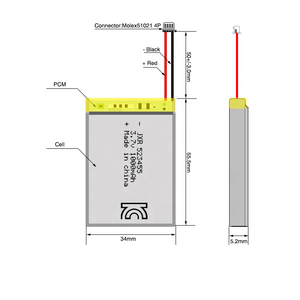 بطارية ليثيوم بوليمر قابلة لإعادة الشحن, Iec62133 Kc Ce قابلة لإعادة الشحن ليثيوم أيون يبو 523455 3.7 فولت 1000 مللي أمبير بطارية ليثيوم بوليمر - Product Image 2