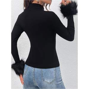 Top de punto acanalado de manga larga con cuello simulado, suave y ajustado, para mujer, estilo casual - Product Image 5