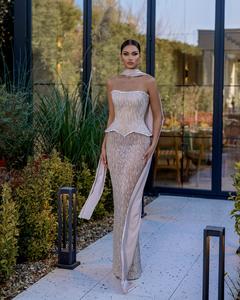 Вечернее платье-футляр Sharon Said SS661 класса люкс, из двух частей, расшитое бисером, с шарфом, без бретелек, для вечеринок и выпускных, для женщин (нет в наличии) - Product Image 3