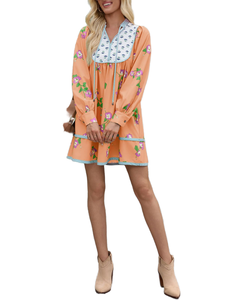 Boho Floral Printed Long Sleeve Mini <b>Dress</b> V-Neck <b>Loose</b> Fit Breathable Woven Women's Casual Spring <b>Dress</b> - Product Image 1