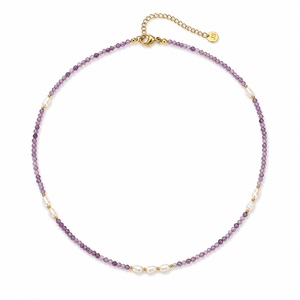 Collar JinSpark 'Aetheric Bloom' con Cuentas de Amatista Natural y <span class=keywords><strong>Perlas</strong></span> de Agua Dulce - Chapado en Oro de 18K, Romántico, Ligero, de Lujo y Curativo - Product Image 1