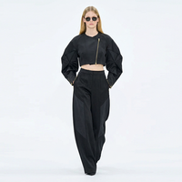 Nouvelle veste bomber courte noire zippée à manches ballon, style streetwear sexy et sportif, personnalisable pour femme, vente en gros