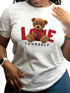 T-Shirt con Orsacchiotto 'Love Yourself', Collo Tondo, Manica Corta, Puro Cotone, Casual Estiva, Stampa Cartoon per San Valentino, Unisex - Product Image 1