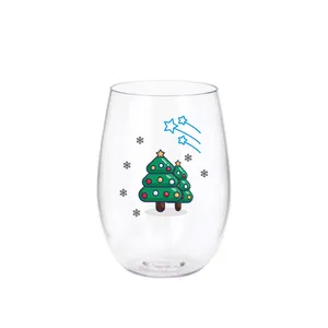 Custom 16oz Tritan Christmas Cup Tumbler Plastic Stemless Holiday Promotion Christmas Wine Glass