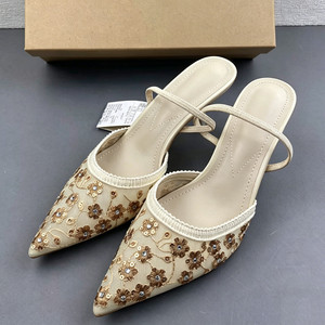 Mules à talons chic et scintillantes avec broderie florale, bout pointu, dos nu, pour femme, respirantes, à brides en maille, escarpins de soirée formels - Product Image 4
