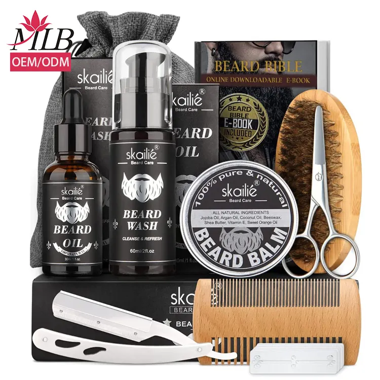 MLB Custom Logo Private Label Men's Hair Care Products Black Sandalwood Beard Comb And Brush Grooming Gift Set