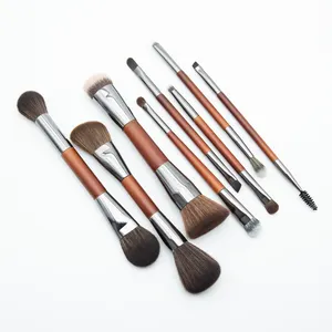 Professional 8-Piece Dual Ended Makeup Brush Set Multi Usage With Gunmetal Ferrule Brown Wood Handle For Powder Foundation Brow