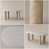 Table à manger ovale moderne en marbre travertin naturel, grandes pieds sculptés à la main, base cannelée, 6 places, personnalisable